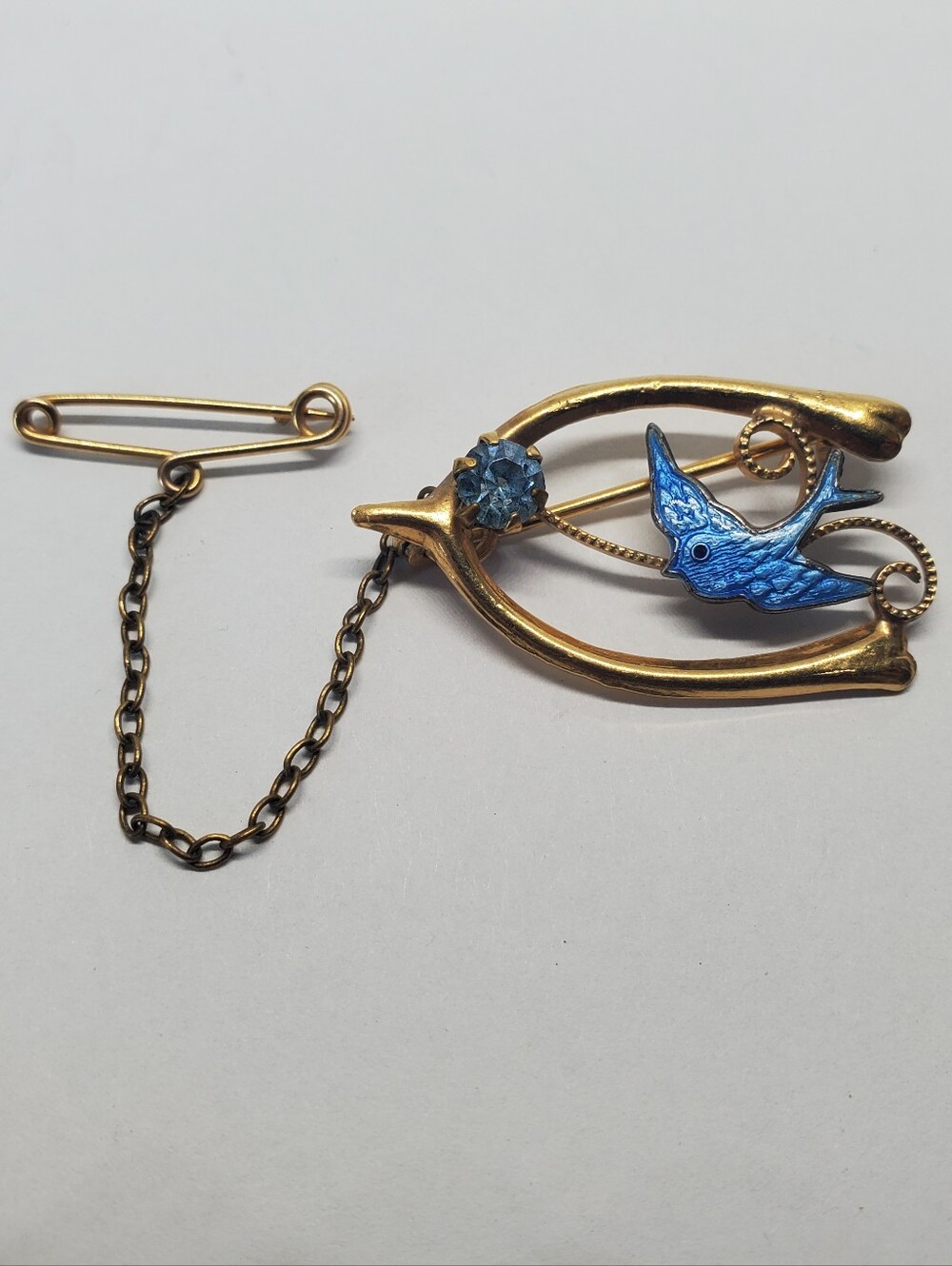 Vintage Antique Gold Tone Wishbone Blue Bird Brooch With Chain